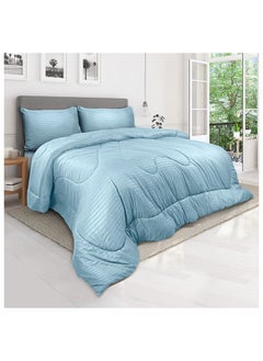 اشتري Down Alternative Comforter  Set -Ultra Soft Brushed Stripe Microfiber Fabric, 200GSM Soft Fibersheet Filling, Size :Single 160 x 200cm , Color: Aqua في الامارات