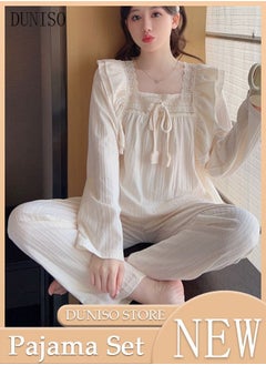 اشتري 2-Piece Women's Soft Pajamas Set Square Collar Night Wear Loungewear Button-Down Night Suit Spring And Autumn Home Wear Long Sleeve Top And Pants في الامارات