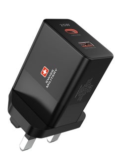 Buy Swiss Military 25W USB C PD Fast Charger, Dual Port Type-C QC3.0 Wall Adapter UK Plug, compatible with iPhone iPhone 14, 14 Pro/Pro Max /13/12 /12 Mini/12 Pro Max, Galaxy -Black in UAE