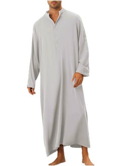 اشتري Men's Muslim Loose Casual Robe Thobe Stand Collar Long Sleeve Kaftan Grey في السعودية