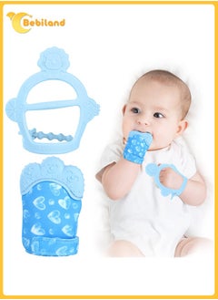 Buy 2PCS Baby Teething Set, Includes Baby Chew Toy and Silicone Mitten Teether Glove, Infant Soothing Pain Relief for Baby (Blue) ﻿ in Saudi Arabia