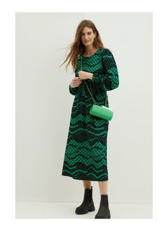 Buy Green Spot Textured Shirred Waist Midi Dress in UAE