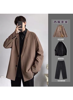 Buy Spring Casual Blazer Men Loose Trendy DK Suit Set Brown coat + white shirt + trousers + tie in UAE