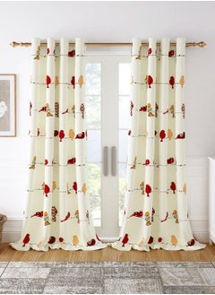 Buy Bohemian Bird Printed Long Door Cotton Curtains, 9 Feet, Room Darkening Floral Pattern Bedroom Curtains Theme Printed for Boys & Girls - Set of 2, Red in UAE