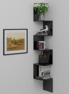 Buy Wooden Twist Wooden Zigzag Wall Mount Floating Corner Wall Shelf Black in UAE