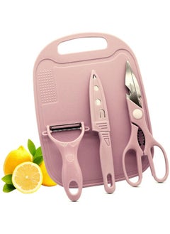 Buy 4 Pcs Travel Cutting Board Set, Portable Mini Camping Plastic Cutting Board Set & Stainless Steel Knife with Sheath, Fruits & Vegetable Peeler Scissors (Pink) in Saudi Arabia