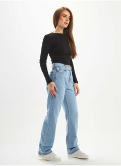 Buy High-Waist Light Blue Shade Cross-Belt Slim Straight Leg Jeans. in Saudi Arabia