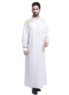Buy Mens Clothing Casual Full Length Embroidery Abaya Robe Islamic Arabic Long Sleeve Kaftan Dusty White in UAE