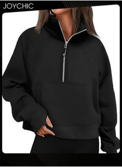 Buy Women Autumn and Winter Warm Long Sleeve Half Zipped Cropped Pullover Solid Pattern Fleece Outdoor Windproof Hoodies in Saudi Arabia