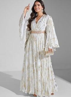 Buy Embellished Belted Surplice Neck Dress in UAE