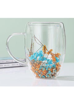 Buy Double Walled Glass Hot and Cold Coffee Mug with Handle and Dried Flower Heat-Isolated 300ml Capacity Tea Cup Summer Winter Drinkware Birthday Gifts for Wife and Mother in UAE