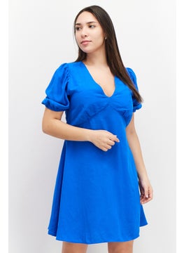 Buy Women V-Neck Balloon Sleeves Textured Midi Dress, Blue in UAE