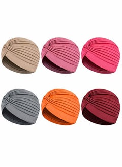 اشتري Turbans for Women, Stretch Slouchy Head Beanie Cover Pre-Tied Knot Twisted Pleated Headwrap Nightcap, Solid Color India Style Muslim Headgear Wraps Head Cap, Assorted Colors, 6 Pcs في الامارات