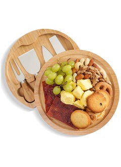 Buy Round Oak Cheese Board and Knife Set，Charcuterie Board Set with 4 Knives，Cheese Board Set with Slide-Out Drawer，House Warming Gifts New Home in UAE