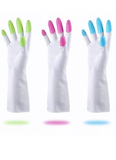 اشتري Reusable Dishwashing Cleaning Gloves with Latex free, Synthetic Rubber Gloves, Kitchen Gloves 3 Pairs, Green+Blue+Pink في السعودية