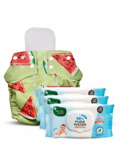 Buy Combo Of 98% Pure Water Based Wipes With Plant Fabric 80 Pcs (Pack Of 3) And Nappers Reusable Cloth Diaper With 1 Dry Absorbent Soaker Pad (Mast Melon) in Saudi Arabia