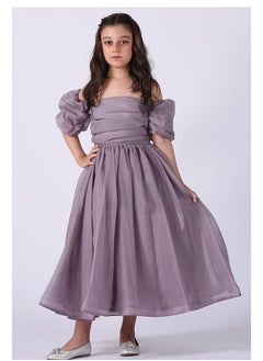 Buy An Elegant Girl's Dress Of Organza Material, With An Open-shoulder Design On The Puffed Sleeves, Decorated With Pleats On The Chest From Below, A Wide Cut in Saudi Arabia