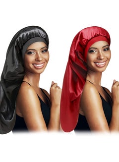 Buy Satin Bonnet Sleep Cap Silk for Natural Hair Long Extra Large Bonnets Women Night Wide Elastic Band Very Soft Comfortable Black+Red in UAE
