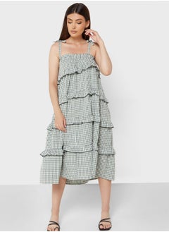 اشتري Tie Shoulder Ruffle Detail Checked Dress في الامارات