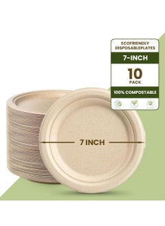 اشتري Ecoway [7 Inch - Pack Of 10] Disposable Plates Made With Bagasse Sugar Canes Microwave & Freeze Safe, Compostable & Biodegradable Dinner Plates, Everyday Tableware Strong & Large Brown في الامارات