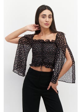 Buy Women Square Neck Long Sleeve Floral Pattern Blouse, Black in UAE