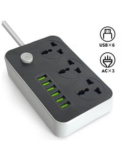 Buy Power Strip 2M Extension Cable with 3 AC Outlets Power Socket and 6 USB Ports Black in Saudi Arabia