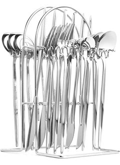 اشتري Sulfar Cutlery Set, 24-Piece Stainless Steel Flatware Set with Stand, Tableware Silverware Set with Spoon/Knife/Fork Set, Service for 6, Dishwasher Safe and Easy Clean (silver) في الامارات