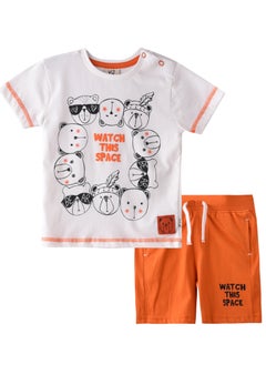 Buy Baby Boys 2 piece Set - T-Shirts & Shorts - Off-While and Orange (100% Cotton)- VJ in UAE