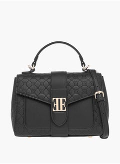 Buy Monogram Embossed Satchel Bag with Flap Closure and Detachable Strap in UAE