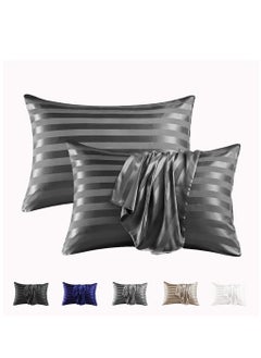 Buy 2-Piece Stripe Silk Satin Pillow Case with Envelope Closure for Hair and Skin Grey in Saudi Arabia