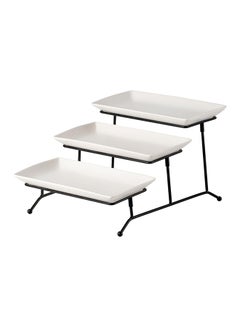 Buy Shallow Porcelain 3-Tier Rectangular Serving Set with Black Stand Rack - 3 Pieces, 29cm in UAE