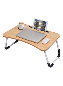 Buy Portable Folding Laptop Desk for Bed With iPad and Cup Holder Adjustable Lap Tray Notebook Stand Foldable Non-Slip Legs Reading Table for Working Studying and Camping 60X40X28cm Beige in UAE