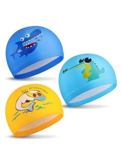 Buy Kids Swimming Caps Swimming Hat 3 Pieces Kids Swimming Caps Waterproof PU Swimming Hats Elastic Bathing Cap with Coating Cartoon Pattern for Children Girls Boys Age 6-12 in Saudi Arabia