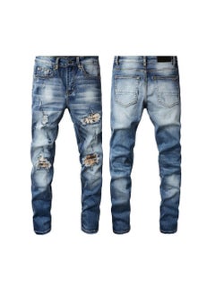 Buy European and American Street Trendy Hole Patch Jeans High Street Trendy Men's Slim Fit Feet Denim in UAE