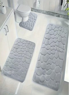 Buy 3-Pieces Bathroom Coral Velvet Floor Mat Suit Absorbent Anti-Slip Toilet Carpet Set Grey in UAE