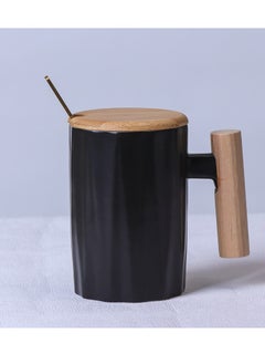 اشتري Ceramic coffee mug with wooden lid, gift mug Black في الامارات