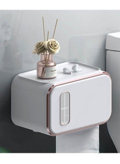 Buy Waterproof Toilet Paper Storage Plastic Box Full Cover Self-adhesive Bathroom Tissue Box Smartphone Holder Multi-function Paper Dispenser Box in Saudi Arabia