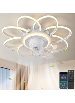 Buy Modern Dimmable LED Low Profile Ceiling Fans with Lights, Flower Shape 360° Oscillation Ceiling Fan with Lamp, Flush Mount Lighting with Remote for Kitchen Living Dining Room, 6 Speeds, Timer in Saudi Arabia