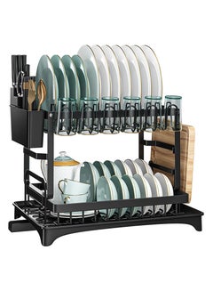 Buy Dish Drying Rack|2-Tier Black Large Capacity Foldable Dish Rack for Kitchen Counter|Carbon Steel Sink Rack w/Drainboard, Dish Strainer w/Cups Holder/Utensil Holder/Chopsticks Tube in Saudi Arabia
