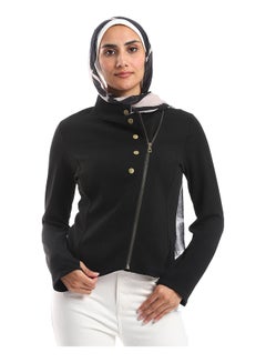 اشتري Side Zipper Closure Band Collar Jacket - Black في مصر