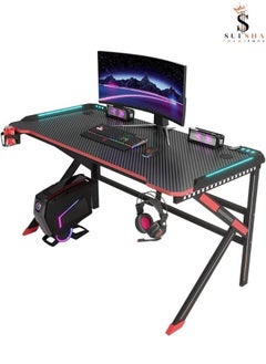 Buy Gaming Desk with LED RGB RC Light,Ergonomic Computer and Gaming Table K Shaped for Pc, Workstation, Home, Office with Carbon Fiber Surface,Cup Holder and Headphone Hook in UAE