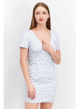 Buy Women Allover Print Cups Detail Mini Dress, Blue in UAE