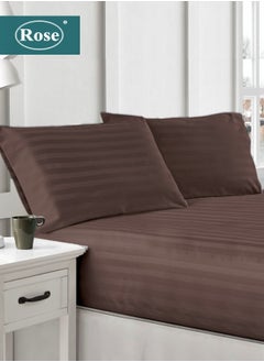 Buy Rose Luxurious Hotel Stripe Fitted Sheet with Deep Pockets and Pillow Cases, Bed Sheet 3-Pieces Set, Soft & Silky Microfiber Fabric, Breathable and Cooling (King Size 200X200+35 cm - Dark Brown) in Saudi Arabia