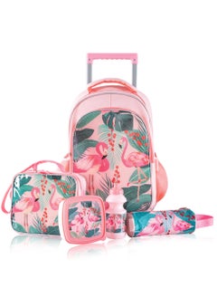 اشتري Eazy Kids 17Inch Set of 5 Trolley School Bag with Lunch Bag, Pencil Case, Lunch Box and Water Bottle Tropical - Pink في السعودية