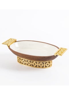 اشتري Damask Large Wooden Oval Bowl, White & Gold - 47x22 cm في الامارات