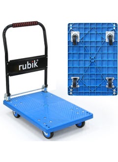 Buy Rubik Platform Truck with 300kg Weight Capacity and 360 Degree Swivel Wheels, Foldable Push Hand Cart Flatbed Trolley for Pulling Moving Goods Cartons (Medium, 47x70cm, Blue/Black) in UAE