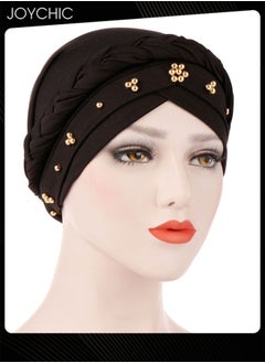 اشتري Black Spring Autumn Turban Cap Women Wrap Beaded Braid Turban Islamic Muslim Fashion Moisture Wicking Hijab for Women Girls في السعودية