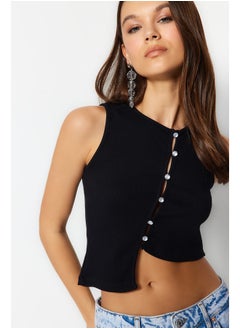 Buy Black Stone Detailed Asymmetric Fitted Ribbed Crop Knitted Blouse TWOSS23BZ00500 in Egypt