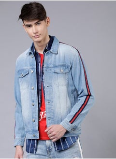 Buy Regular Fit Blue Washed Side Stripe Denim Jacket in Saudi Arabia