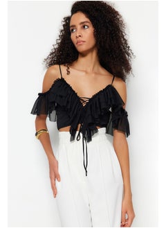 Buy Black Crop Knitted Frilly Blouse TPRSS23BZ00072 in Egypt